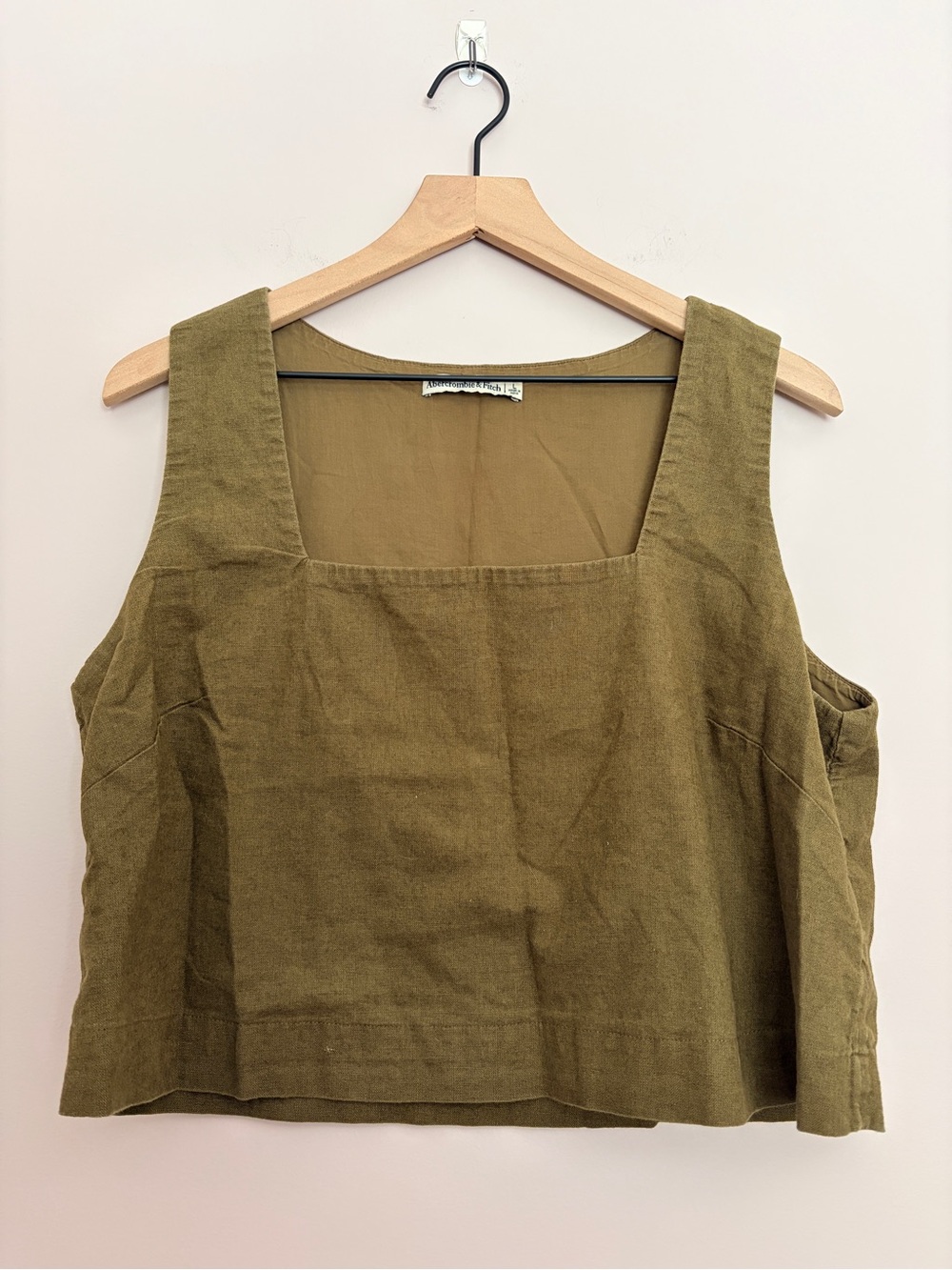 Abercrombie & Fitch Olive Green Square Neck Linen Blend Crop Tank Large